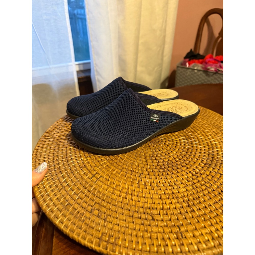 Fly Flot Navy Blue Mesh Anatomic Clogs Made in Italy Leather Insole Mules 37 6.5